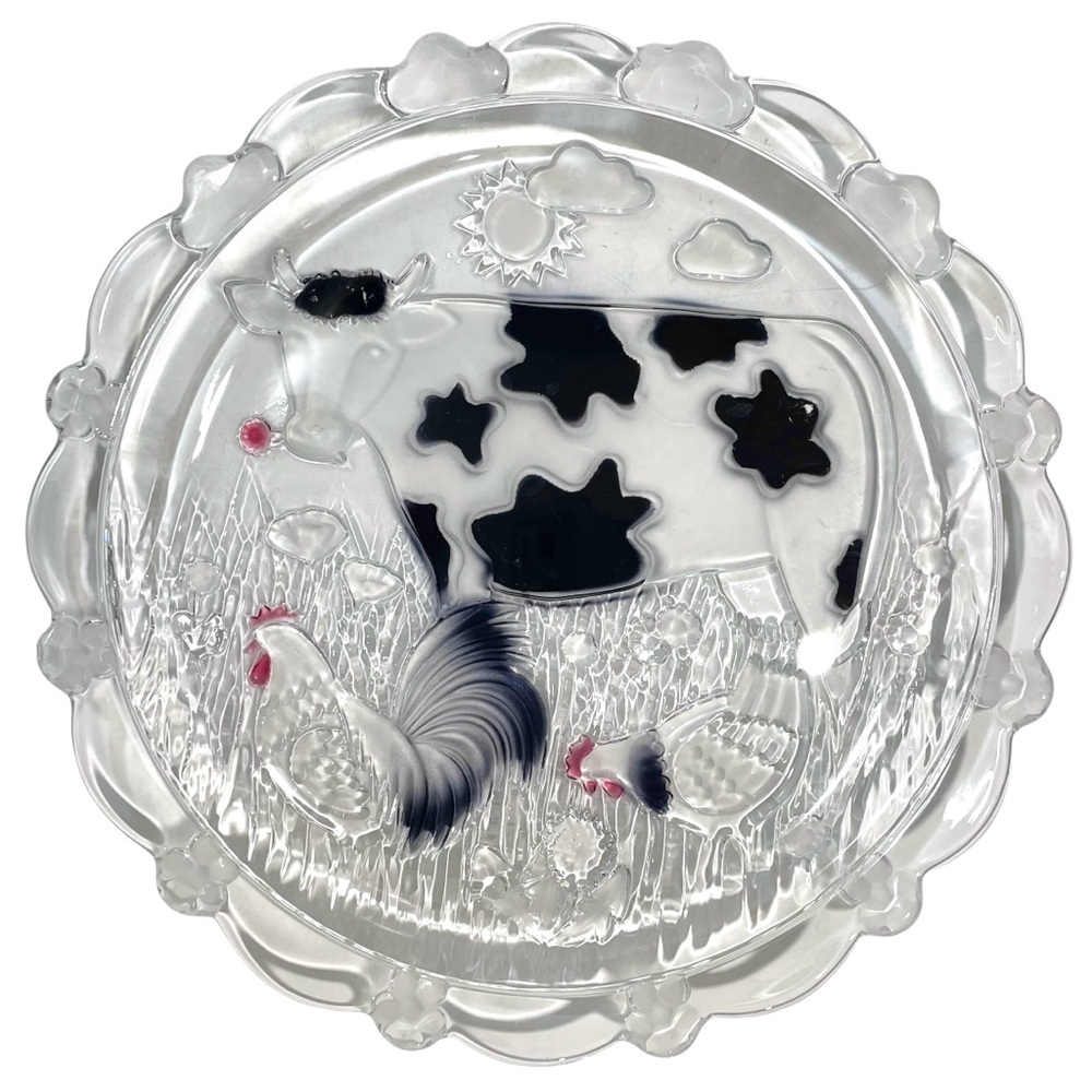 Vintage 1990s Waltherglass Germany Serving Plate Farmyard Animals Cow Chicken